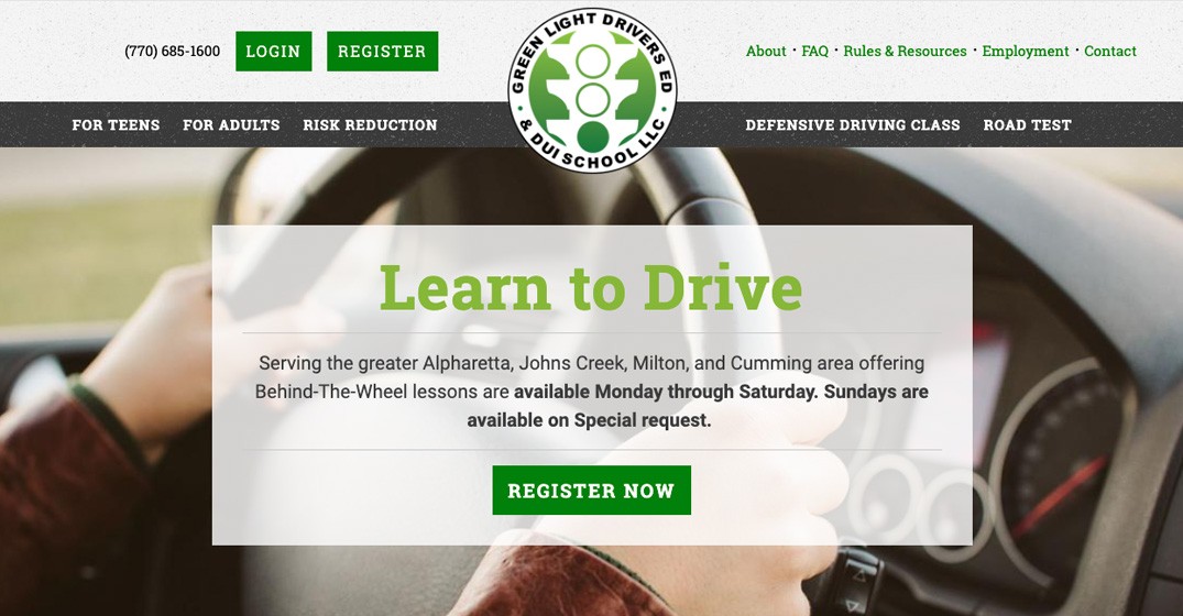 Green Light Drivers Ed & DUI School website screenshot