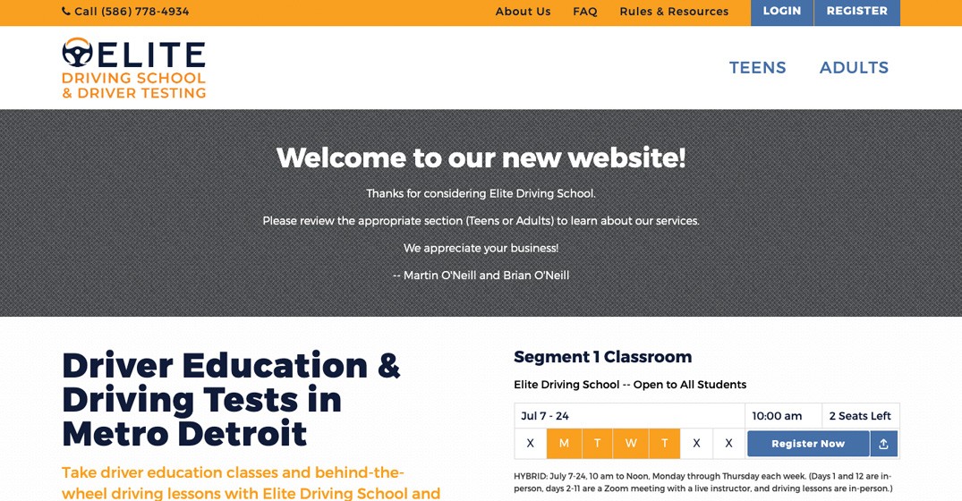 Elite Driving School & Driver Testing website screenshot