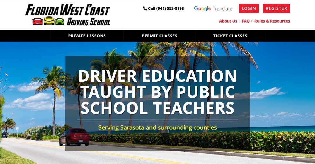 Florida West Coast Driving School website screenshot